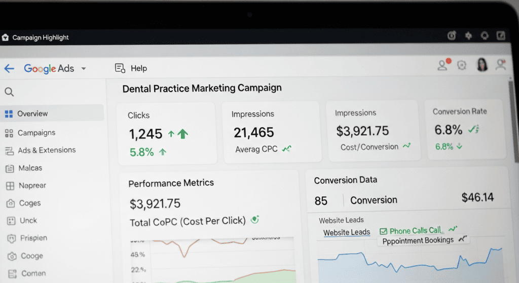 Google Ads dashboard showing dental PPC campaign metrics