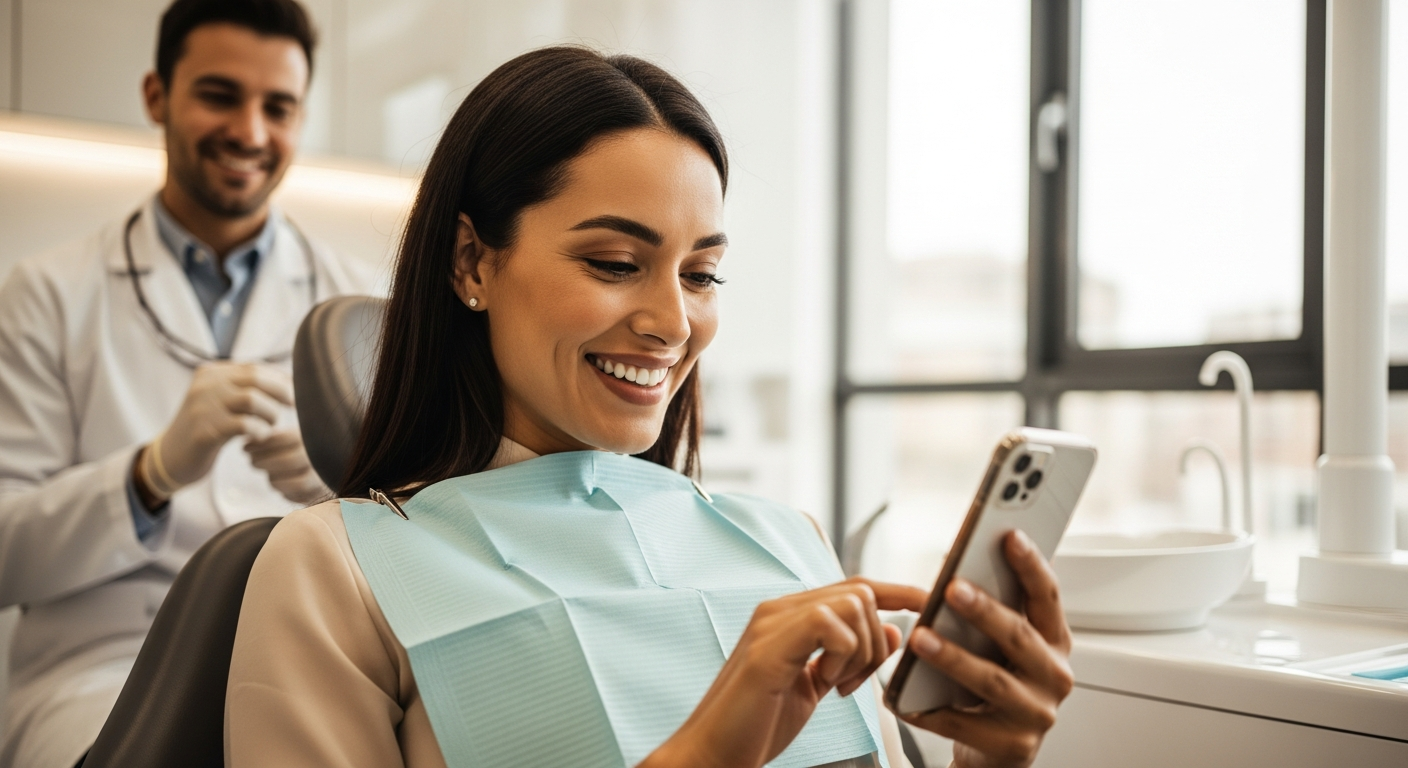 Happy dental patient leaving a Google review on smartphone after appointment