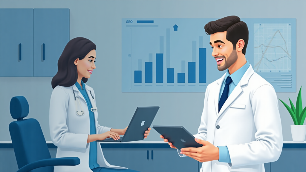 Dentist reviewing SEO and patient growth dashboard in a dental office