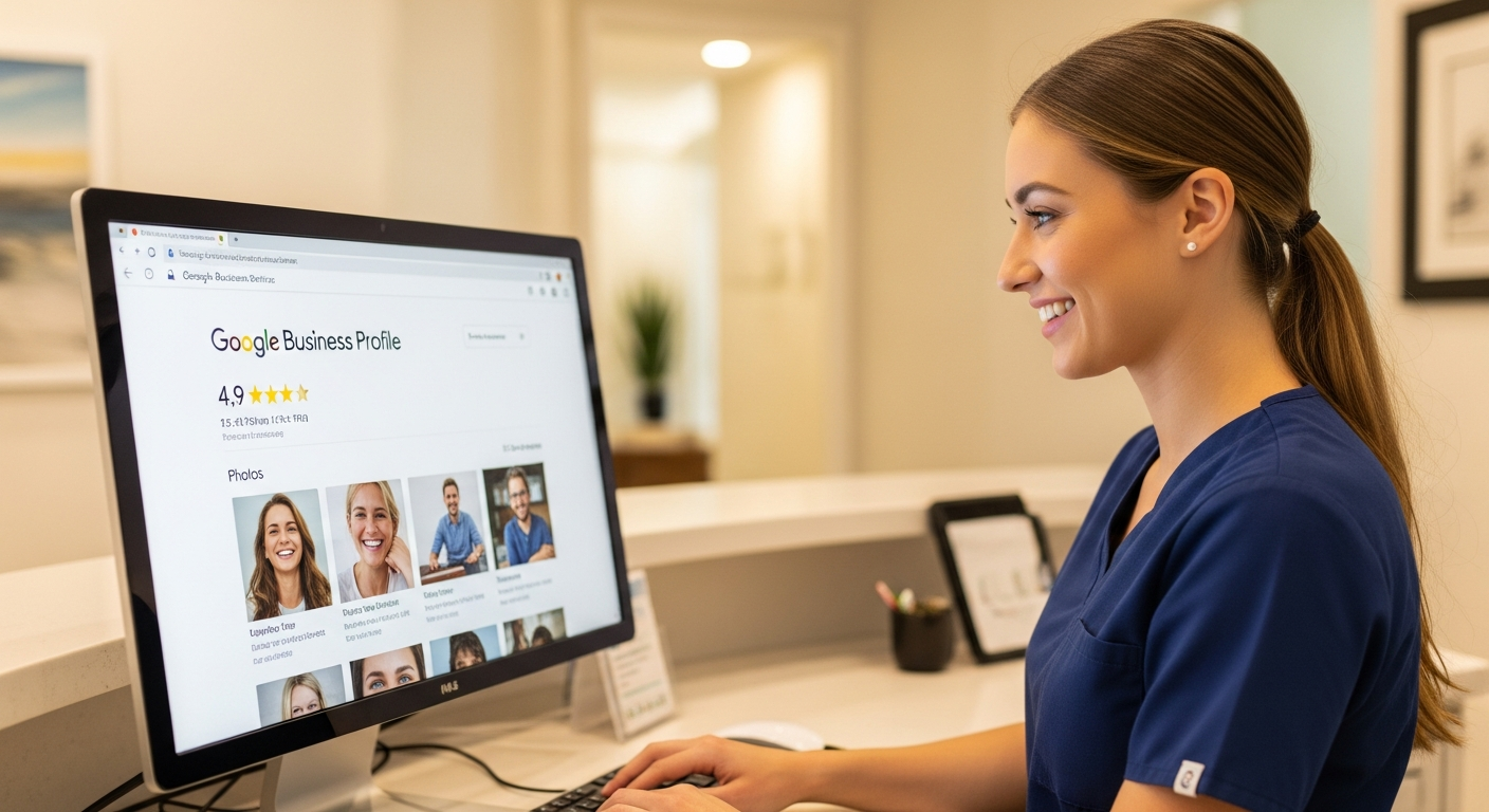 Dental receptionist managing Google Business Profile with 4.9 star rating