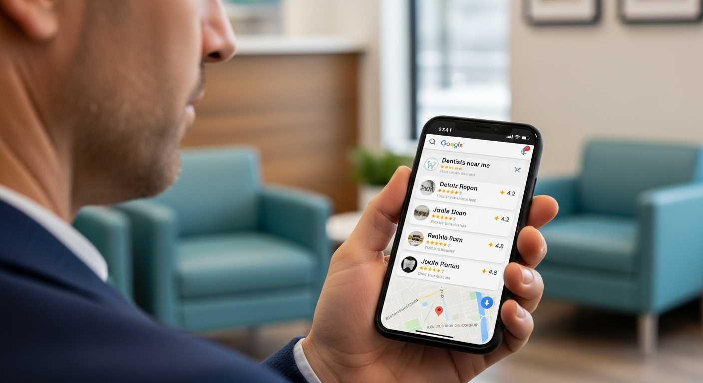 Patient searching for dentist on Google Maps showing local pack results