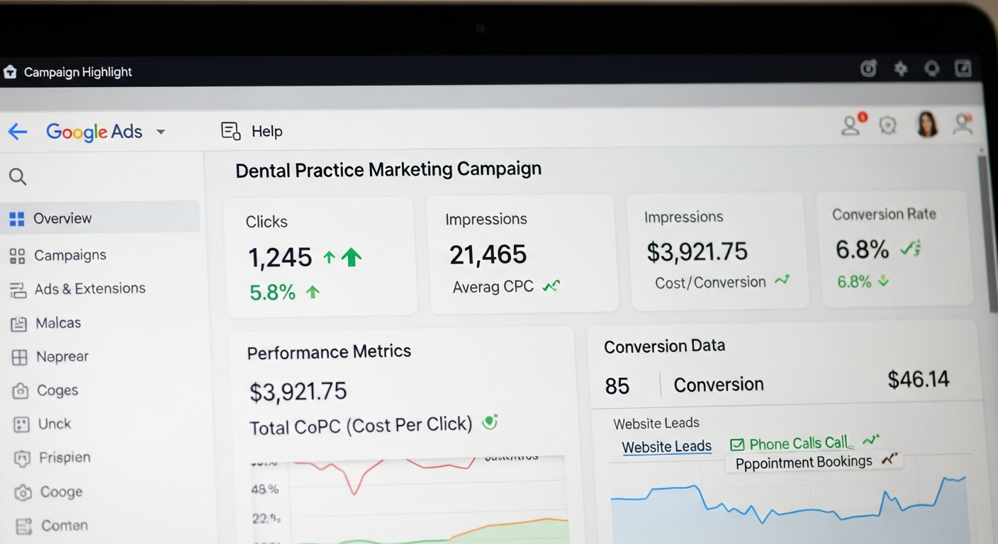 Google Ads dashboard showing dental PPC campaign metrics