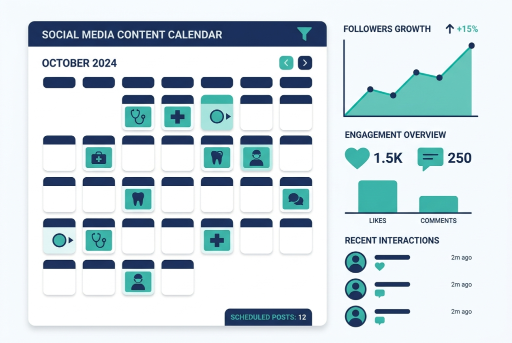 Social media content calendar and engagement dashboard for a medical practice